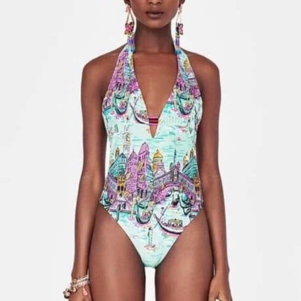 NWT Zara Gondola Print Swimsuit Aqua One Piece Summer Beach Vacay Resort Size L